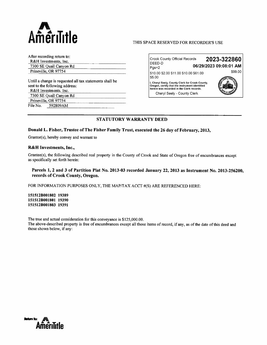 Acte 2023-322860 : Fisher Family Trust vers R&H Investments, 125 000 $