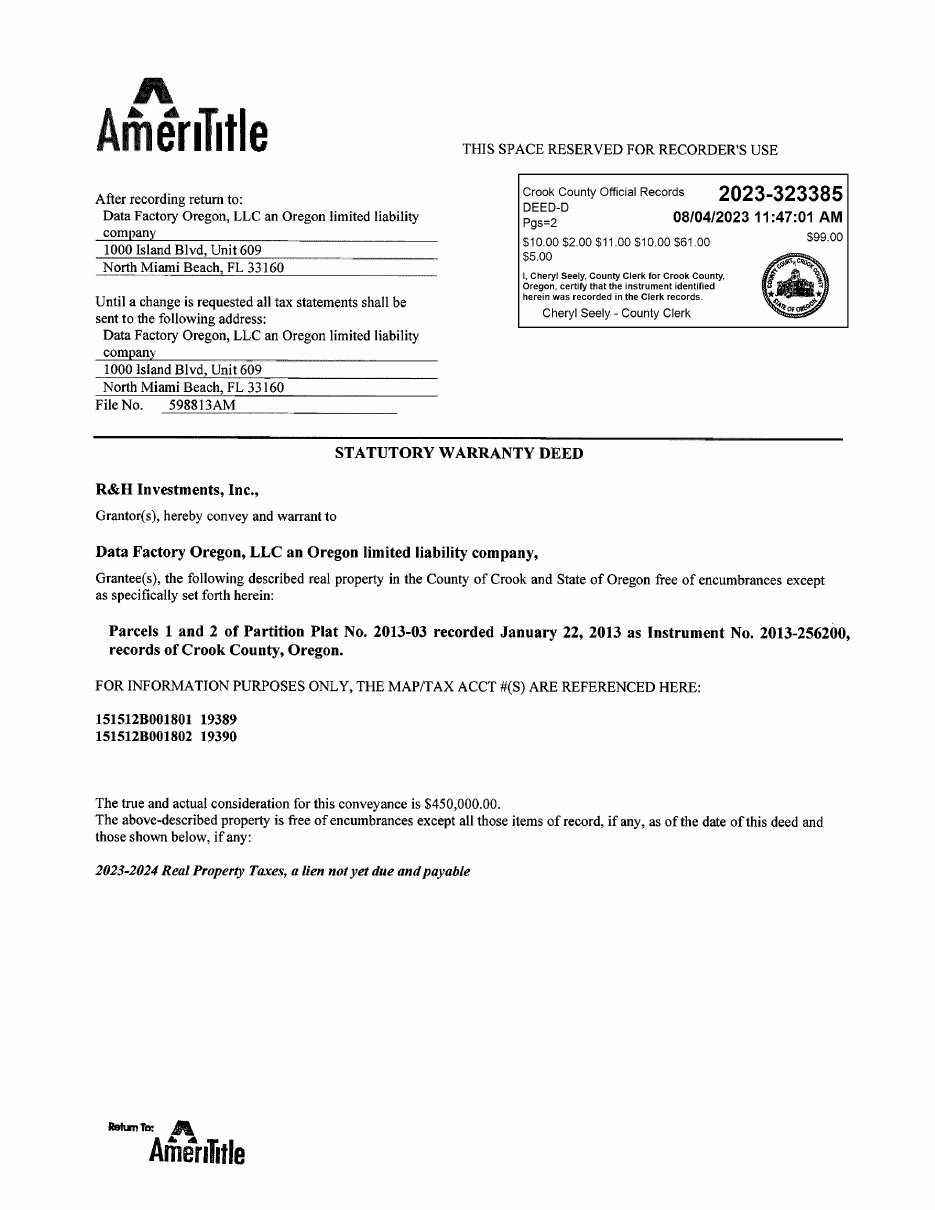 Acte 2023-323385 : R&H Investments vers Data Factory Oregon LLC, 450 000 $