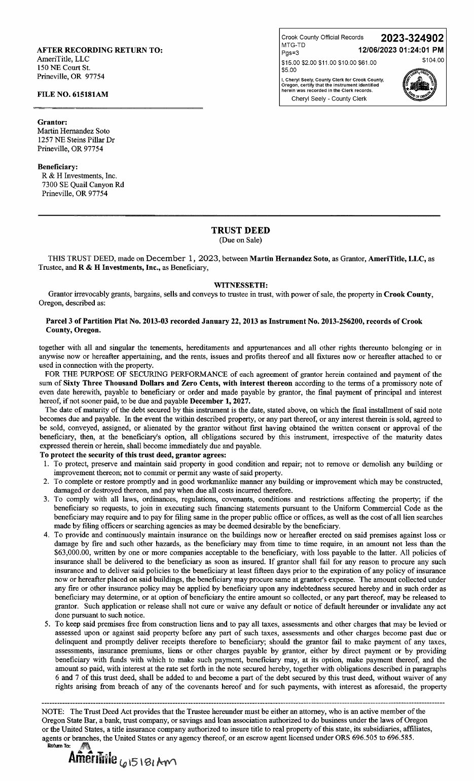Trust deed 2023-324902 : financement de 63 000 $ accordé par R&H à l'acheteur du lot 3