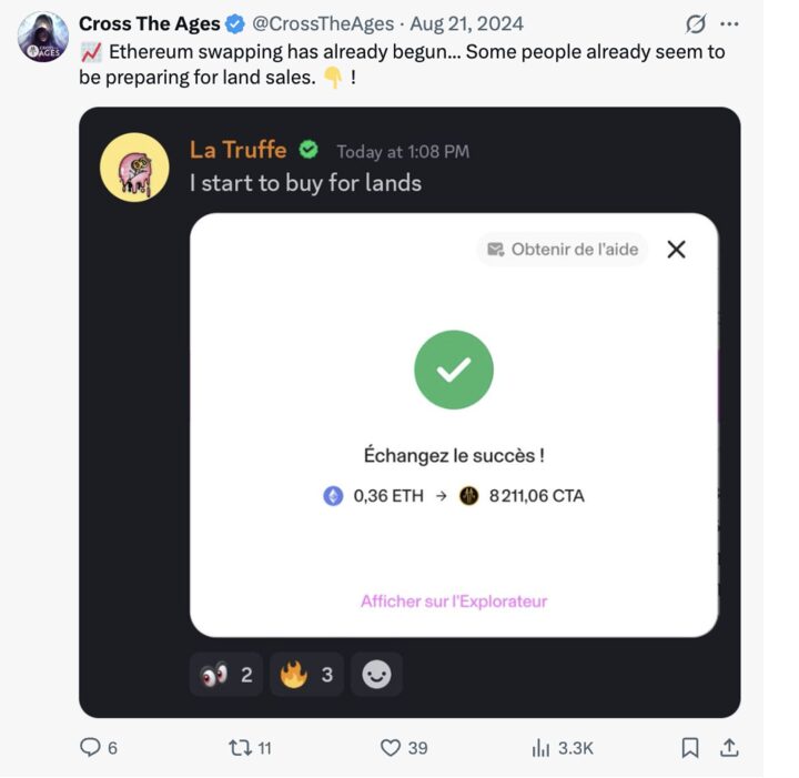 Tweet officiel relayant un swap de 0,36 ETH vers 8211 CTA en préparation des ventes de lands